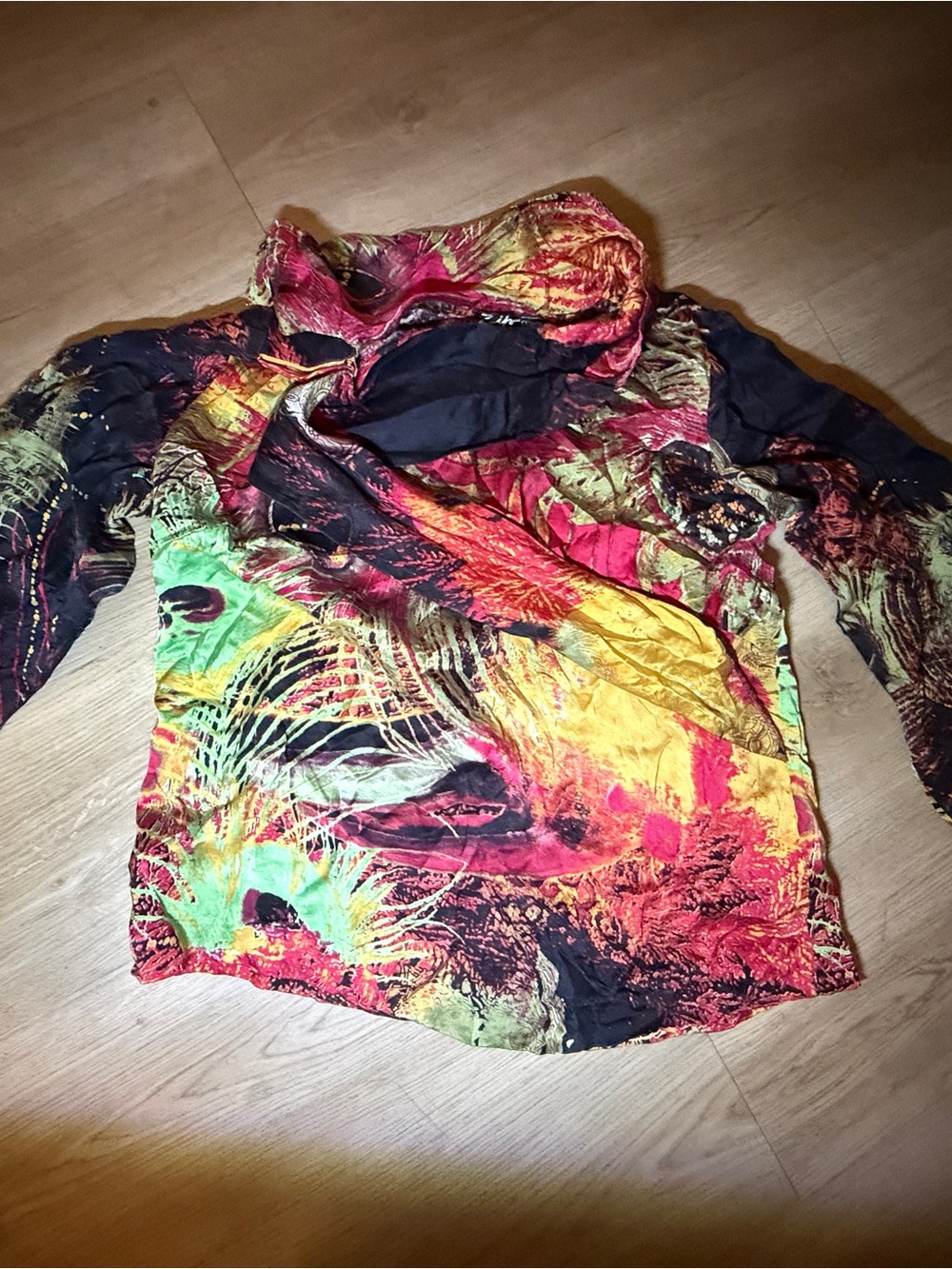 Zip Fashion Abstract Tropical Print Button Down Blouse Colorful Statement Top